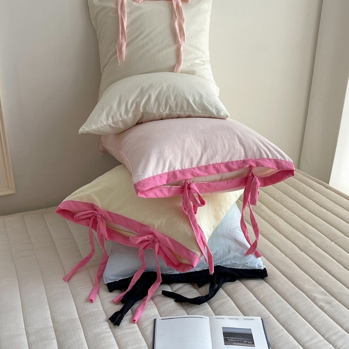 91家纺网 家纺一手货源 找家纺 轻奢坊 2025新款水洗棉纯色撞色包边绑带款单品枕套枕套单件 组合图仅供展示