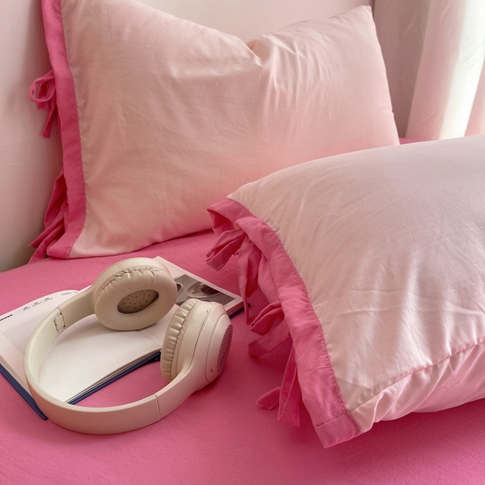 91家纺网 家纺一手货源 找家纺 轻奢坊 2025新款水洗棉纯色撞色包边绑带款单品枕套枕套单件 单枕桃蜜桃粉