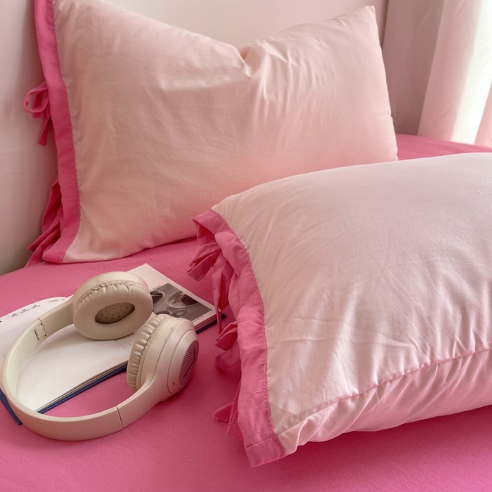 91家纺网 家纺一手货源 找家纺 轻奢坊 2025新款水洗棉纯色撞色包边绑带款单品枕套枕套单件 单枕桃蜜桃粉