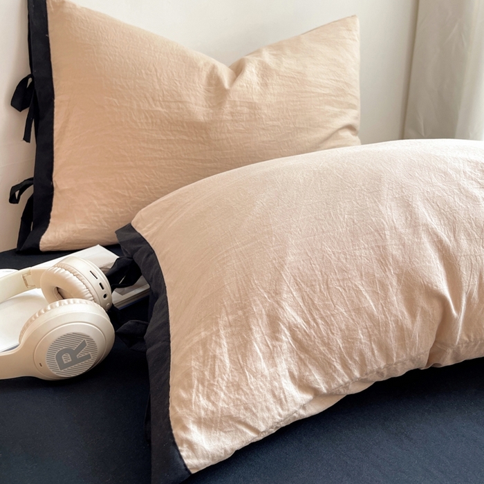 91家纺网 家纺一手货源 找家纺 轻奢坊 2025新款水洗棉纯色撞色包边绑带款单品枕套枕套单件 单枕套胡桃棕