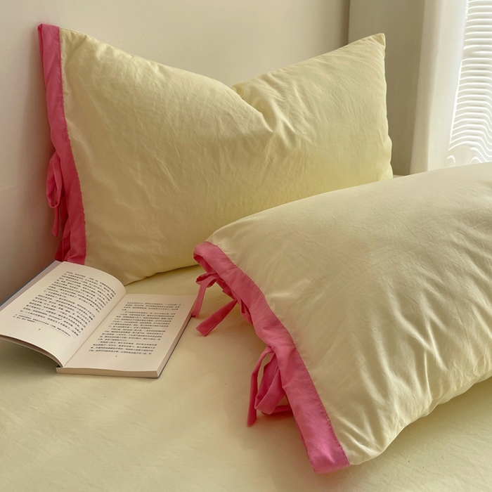 91家纺网 家纺一手货源 找家纺 轻奢坊 2025新款水洗棉纯色撞色包边绑带款单品枕套枕套单件 单枕套奶油黄