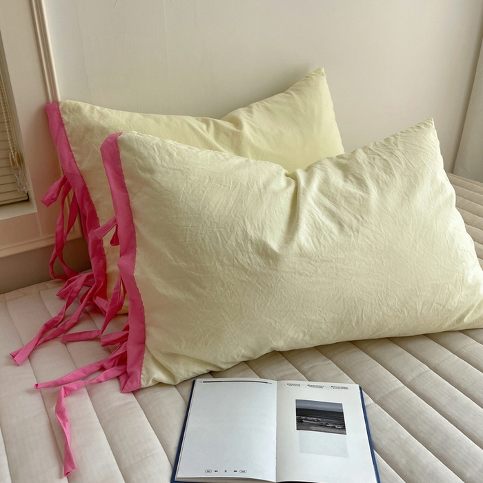 91家纺网 家纺一手货源 找家纺 轻奢坊 2025新款水洗棉纯色撞色包边绑带款单品枕套枕套单件 单枕套奶油黄