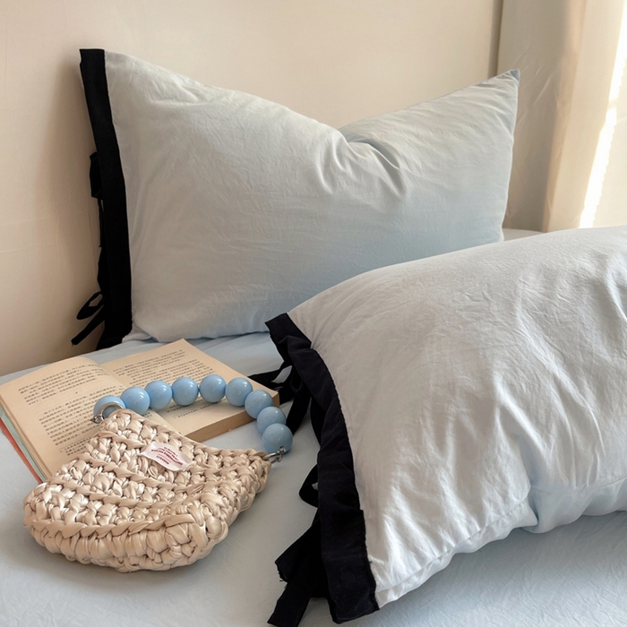 91家纺网 家纺一手货源 找家纺 轻奢坊 2025新款水洗棉纯色撞色包边绑带款单品枕套枕套单件 单枕套晴空蓝