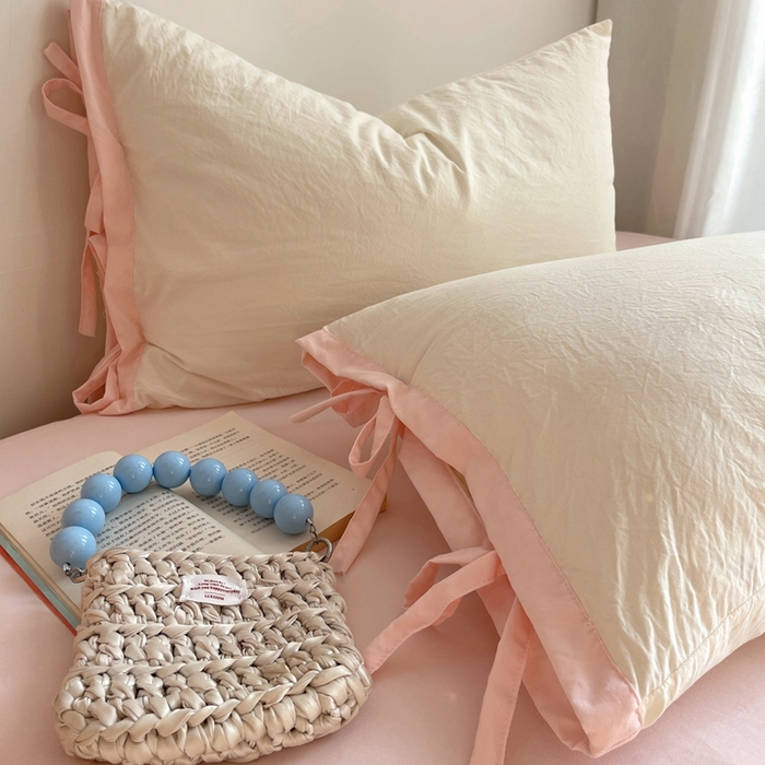 91家纺网 家纺一手货源 找家纺 轻奢坊 2025新款水洗棉纯色撞色包边绑带款单品枕套枕套单件 单枕套芝士白