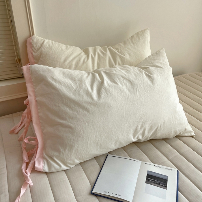 91家纺网 家纺一手货源 找家纺 轻奢坊 2025新款水洗棉纯色撞色包边绑带款单品枕套枕套单件 单枕套芝士白