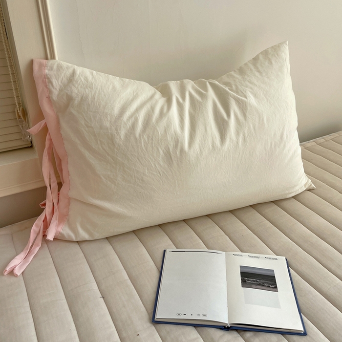91家纺网 家纺一手货源 找家纺 轻奢坊 2025新款水洗棉纯色撞色包边绑带款单品枕套枕套单件 单枕套芝士白