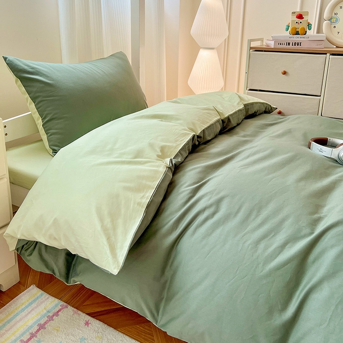 91家纺网 家纺一手货源 找家纺 泽西家纺 2025新款A类加密全棉40支13376简约风宿舍双拼纯色纯棉学生三件套 军绿+橄榄绿