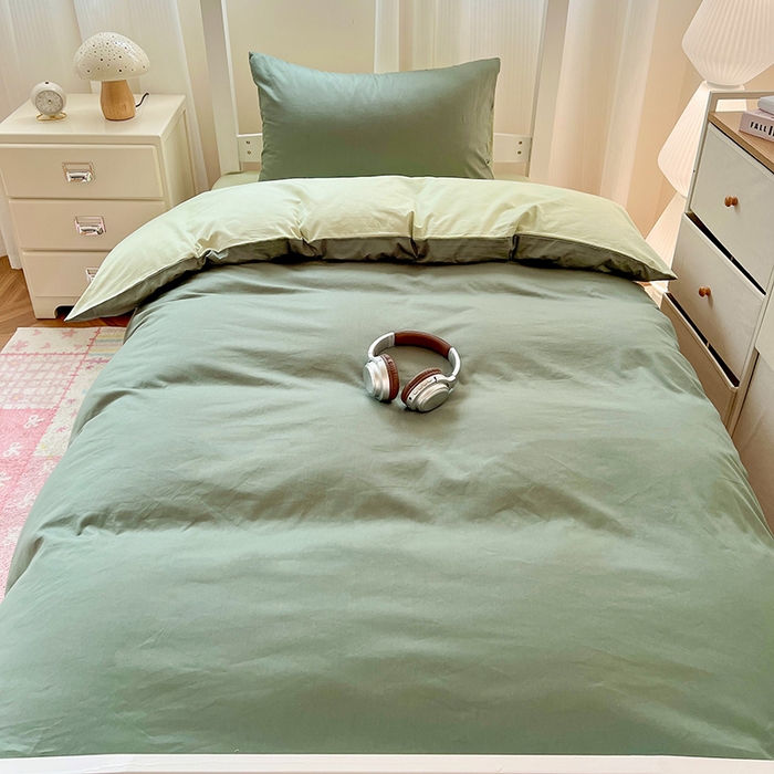 91家纺网 家纺一手货源 找家纺 泽西家纺 2025新款A类加密全棉40支13376简约风宿舍双拼纯色纯棉学生三件套 军绿+橄榄绿