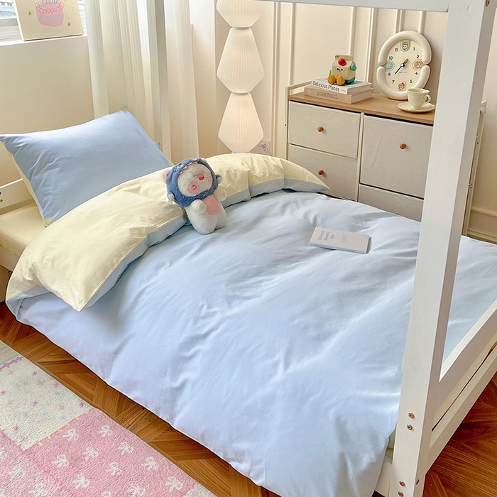 91家纺网 家纺一手货源 找家纺 泽西家纺 2025新款A类加密全棉40支13376简约风宿舍双拼纯色纯棉学生三件套 晴空蓝+米黄