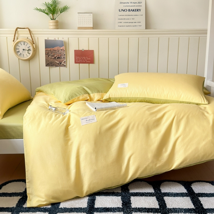 91家纺网 家纺一手货源 找家纺 曼之夏 2025新款全棉拼色纯色宿舍学生三件套 杏黄+草绿