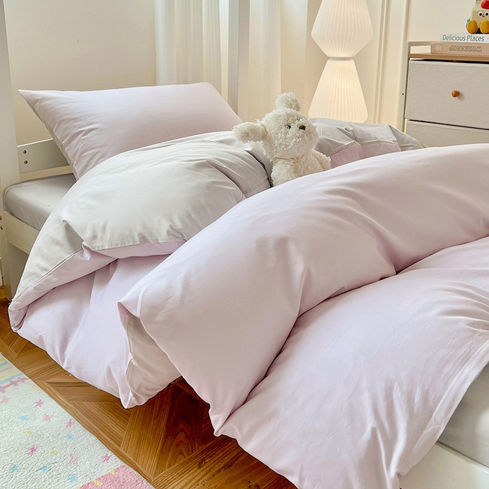 91家纺网 家纺一手货源 找家纺 泽西家纺 2025新款A类加密全棉40支13376简约风宿舍双拼纯色纯棉学生三件套 微微紫+浅米灰