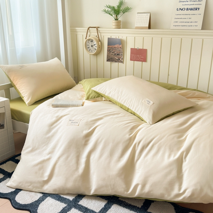 91家纺网 家纺一手货源 找家纺 曼之夏 2025新款全棉拼色纯色宿舍学生三件套 米白+草绿