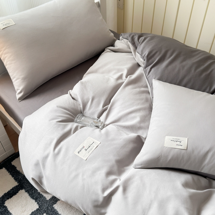 91家纺网 家纺一手货源 找家纺 曼之夏 2025新款全棉拼色纯色宿舍学生三件套 米灰+高级灰