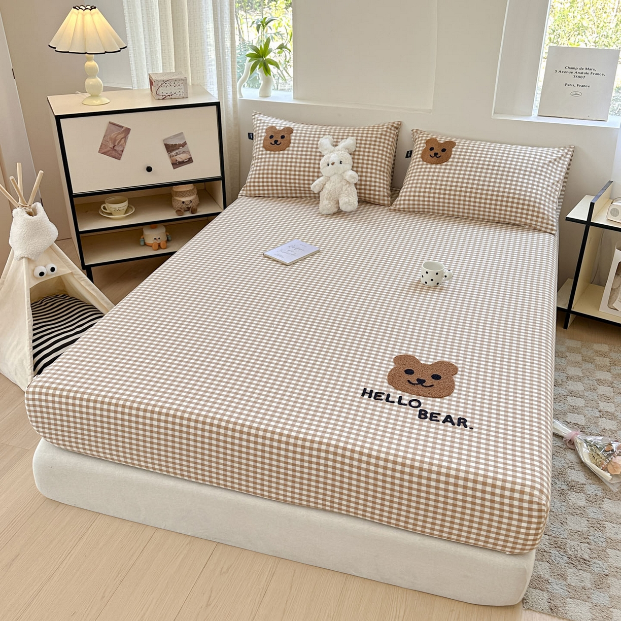 91家纺网 家纺一手货源 找家纺 乐美家纺 2025秋冬新款全棉色织水洗棉床笠三件套系列 小棕熊