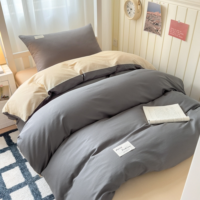 91家纺网 家纺一手货源 找家纺 曼之夏 2025新款全棉拼色纯色宿舍学生三件套 高级灰+浅驼