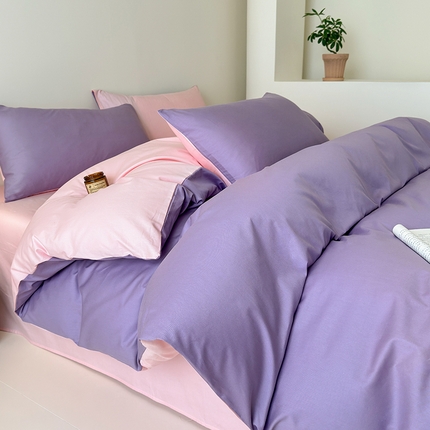 91家纺网 家纺一手货源 找家纺 （总）兰紫橙家纺 2025新款简约款13372喷气全棉纯色双拼四件套