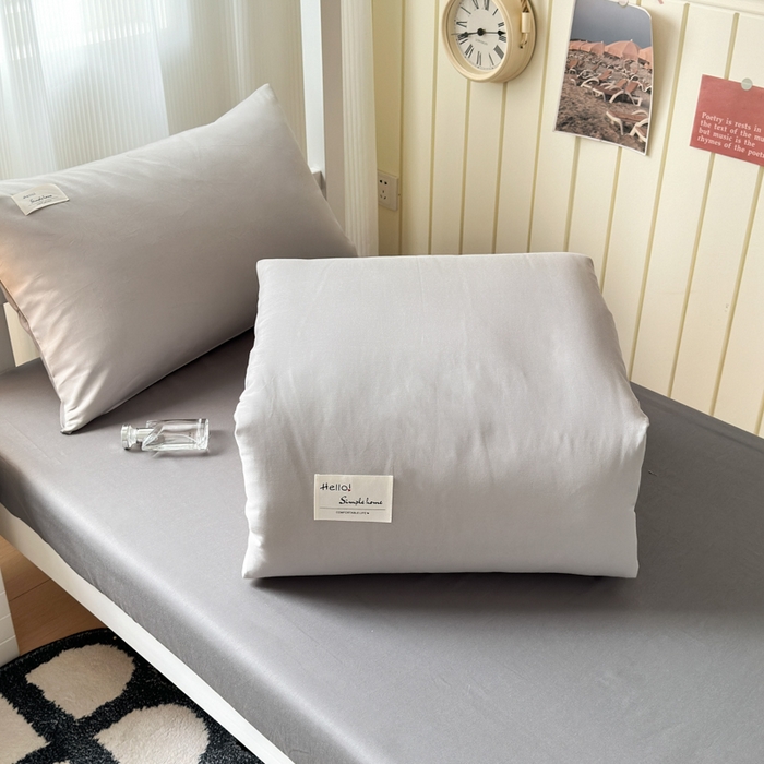 91家纺网 家纺一手货源 找家纺 曼之夏 2025新款全棉拼色纯色宿舍学生三件套 米灰+高级灰