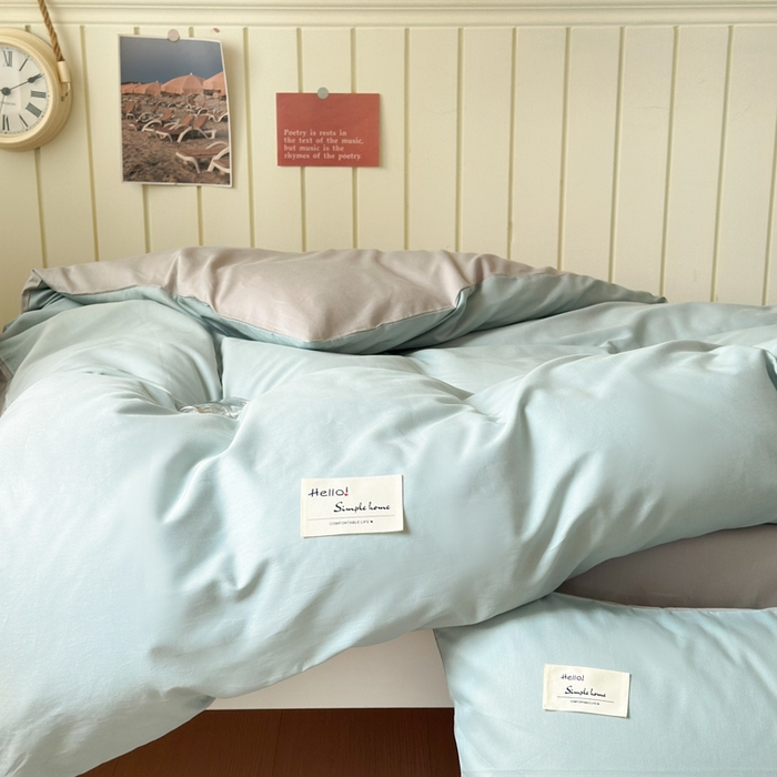 91家纺网 家纺一手货源 找家纺 曼之夏 2025新款全棉拼色纯色宿舍学生三件套 水兰+米灰