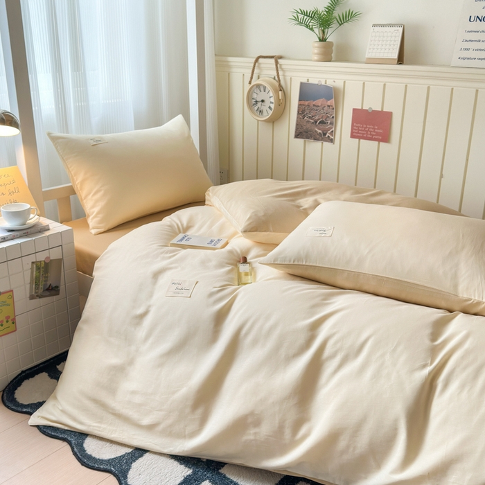 91家纺网 家纺一手货源 找家纺 曼之夏 2025新款全棉拼色纯色宿舍学生三件套 米白+浅驼