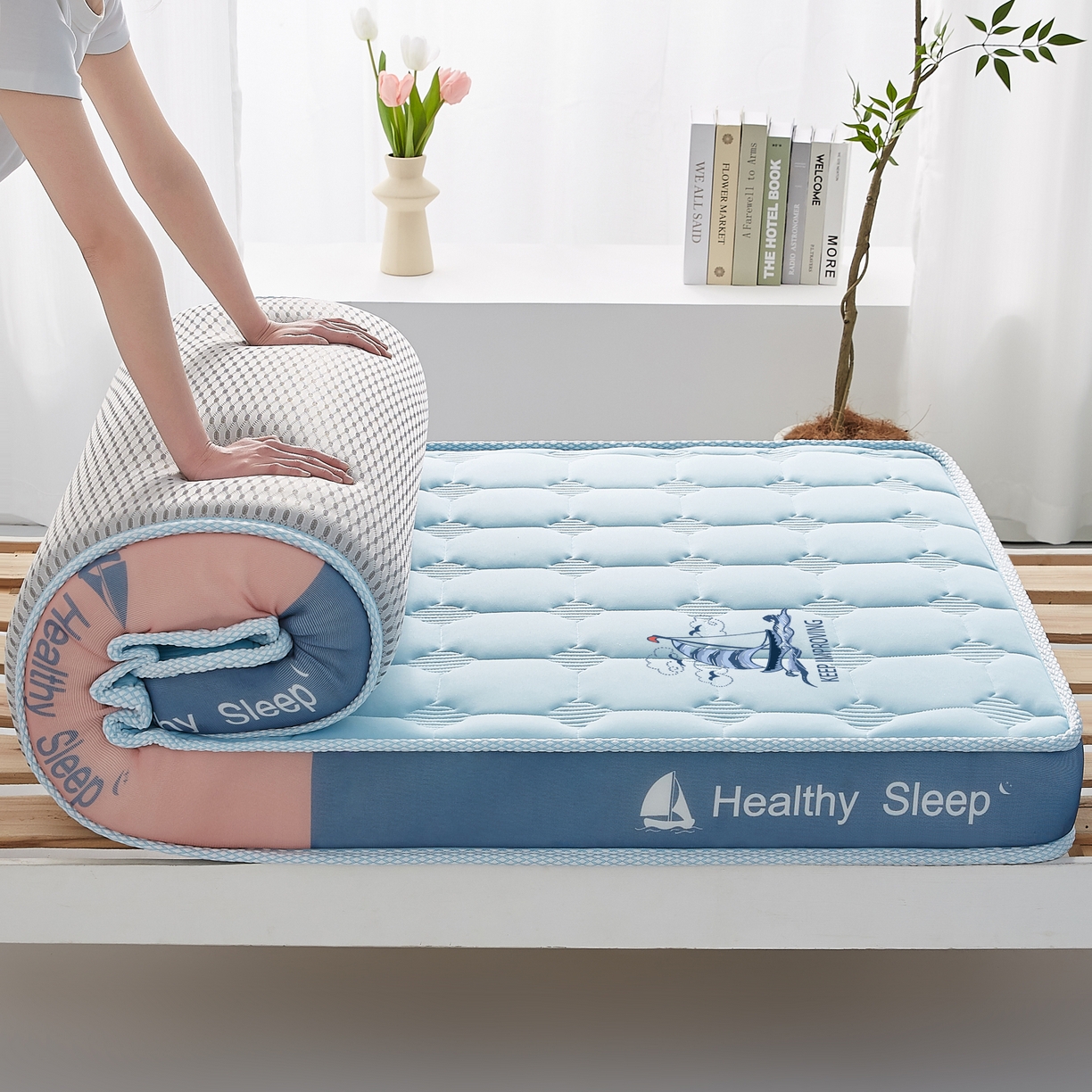 91家纺网 家纺一手货源 找家纺 艺博床垫 2025新款一帆风顺帆船标学生床垫 一帆风顺帆船标蓝色