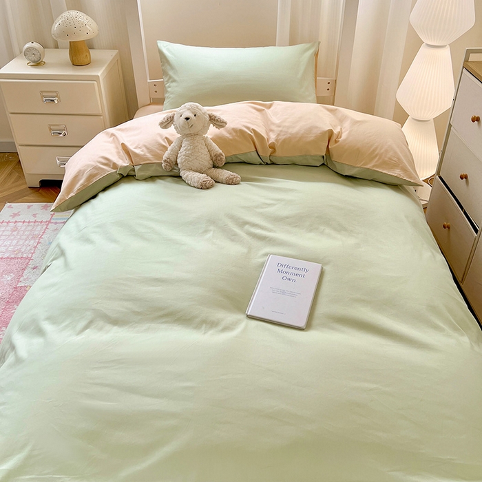 91家纺网 家纺一手货源 找家纺 泽西家纺 2025新款A类加密全棉40支13376简约风宿舍双拼纯色纯棉学生三件套 橄榄绿+奶茶