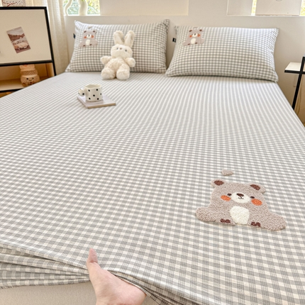 乐美家纺 2025秋冬新款全棉色织水洗棉床笠三件套系列 熊嘟嘟