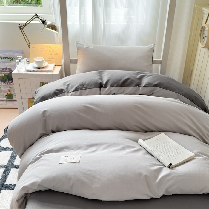 91家纺网 家纺一手货源 找家纺 曼之夏 2025新款全棉拼色纯色宿舍学生三件套 米灰+高级灰