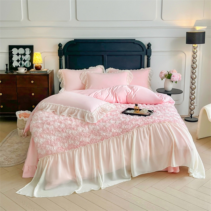 91家纺网 家纺一手货源 找家纺 庭笙 2025新款高定款法式蕾丝边四件套幽香玫瑰 幽香玫瑰-浅粉