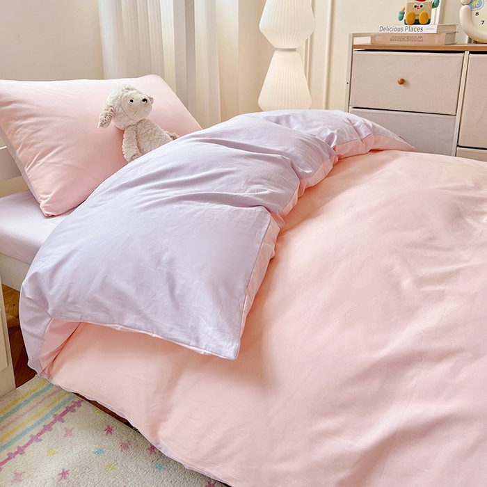 91家纺网 家纺一手货源 找家纺 泽西家纺 2025新款A类加密全棉40支13376简约风宿舍双拼纯色纯棉学生三件套 樱花粉+紫