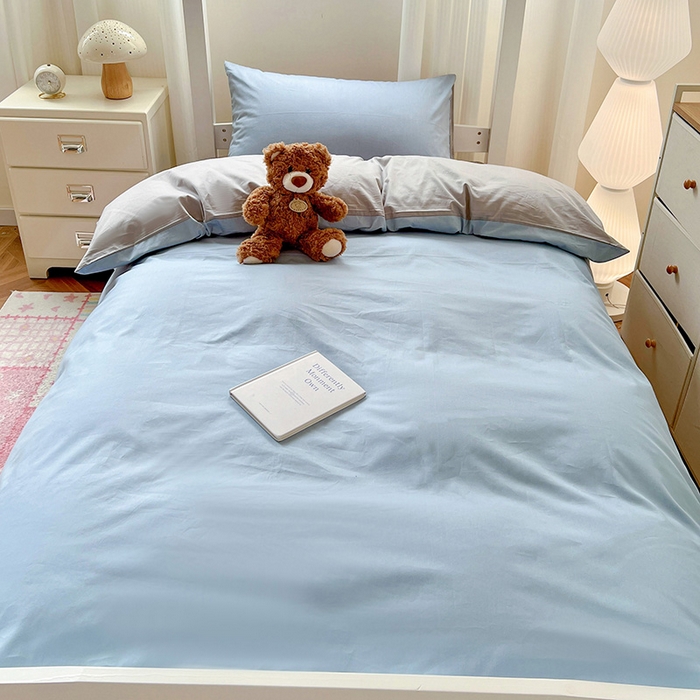 91家纺网 家纺一手货源 找家纺 泽西家纺 2025新款A类加密全棉40支13376简约风宿舍双拼纯色纯棉学生三件套 淡蓝+深灰