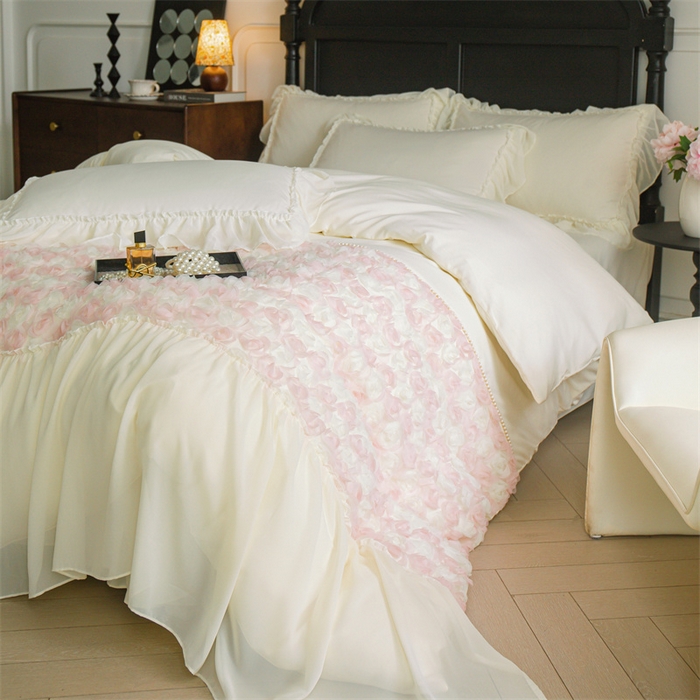 91家纺网 家纺一手货源 找家纺 庭笙 2025新款高定款法式蕾丝边四件套幽香玫瑰 幽香玫瑰-奶白