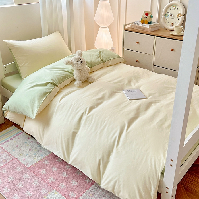 91家纺网 家纺一手货源 找家纺 泽西家纺 2025新款A类加密全棉40支13376简约风宿舍双拼纯色纯棉学生三件套 米黄+橄榄绿