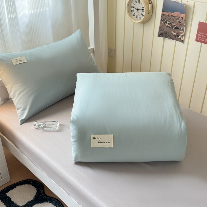 91家纺网 家纺一手货源 找家纺 曼之夏 2025新款全棉拼色纯色宿舍学生三件套 水兰+米灰