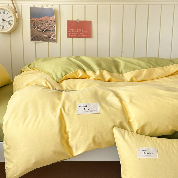 91家纺网 家纺一手货源 找家纺 曼之夏 2025新款全棉拼色纯色宿舍学生三件套 杏黄+草绿