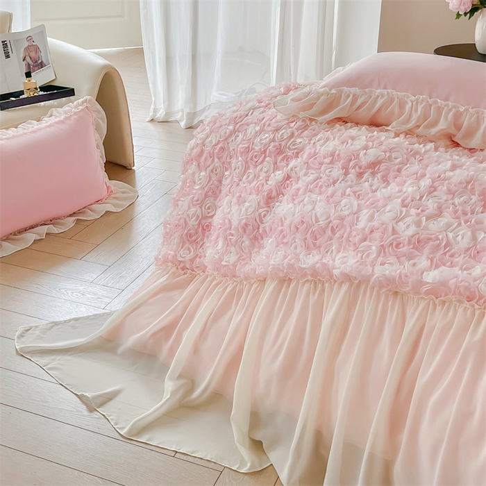 91家纺网 家纺一手货源 找家纺 庭笙 2025新款高定款法式蕾丝边四件套幽香玫瑰 幽香玫瑰-浅粉