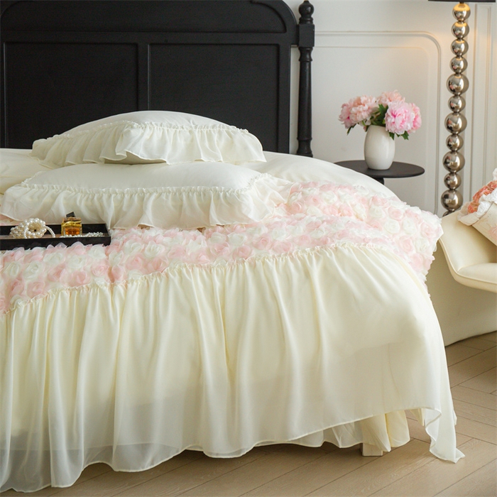 91家纺网 家纺一手货源 找家纺 庭笙 2025新款高定款法式蕾丝边四件套幽香玫瑰 幽香玫瑰-奶白