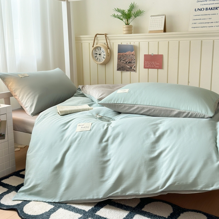 91家纺网 家纺一手货源 找家纺 曼之夏 2025新款全棉拼色纯色宿舍学生三件套 水兰+米灰