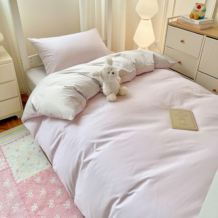 91家纺网 家纺一手货源 找家纺 泽西家纺 2025新款A类加密全棉40支13376简约风宿舍双拼纯色纯棉学生三件套 微微紫+浅米灰