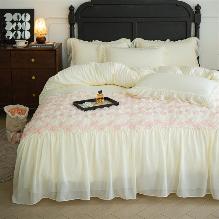 91家纺网 家纺一手货源 找家纺 庭笙 2025新款高定款法式蕾丝边四件套幽香玫瑰 幽香玫瑰-奶白