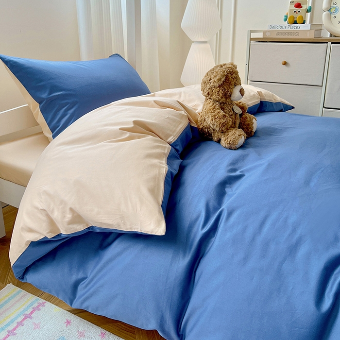 91家纺网 家纺一手货源 找家纺 泽西家纺 2025新款A类加密全棉40支13376简约风宿舍双拼纯色纯棉学生三件套 牛仔蓝+奶茶