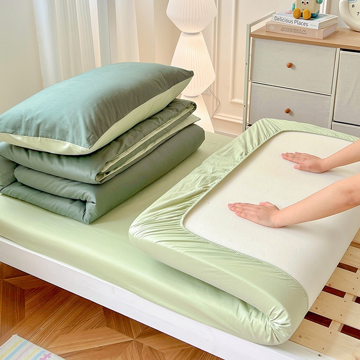 91家纺网 家纺一手货源 找家纺 泽西家纺 2025新款A类加密全棉40支13376简约风宿舍双拼纯色纯棉学生三件套 军绿+橄榄绿