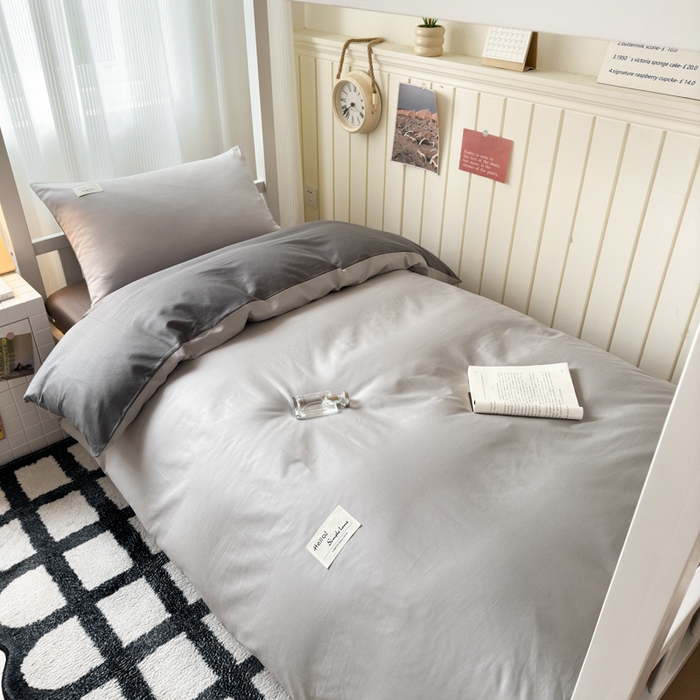 91家纺网 家纺一手货源 找家纺 曼之夏 2025新款全棉拼色纯色宿舍学生三件套 米灰+高级灰