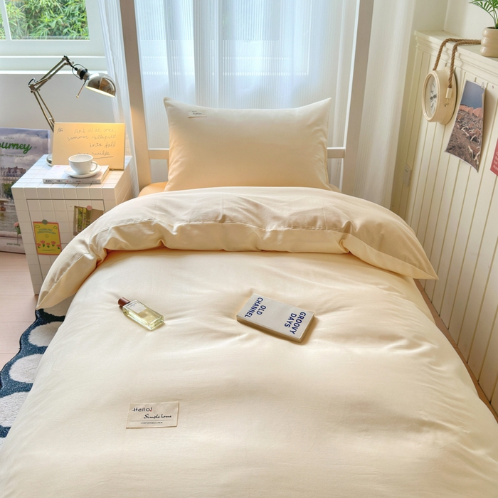 91家纺网 家纺一手货源 找家纺 曼之夏 2025新款全棉拼色纯色宿舍学生三件套 米白+浅驼