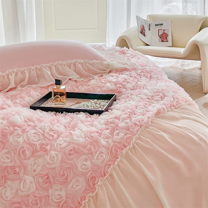 91家纺网 家纺一手货源 找家纺 庭笙 2025新款高定款法式蕾丝边四件套幽香玫瑰 幽香玫瑰-浅粉