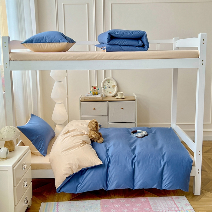 91家纺网 家纺一手货源 找家纺 泽西家纺 2025新款A类加密全棉40支13376简约风宿舍双拼纯色纯棉学生三件套 牛仔蓝+奶茶