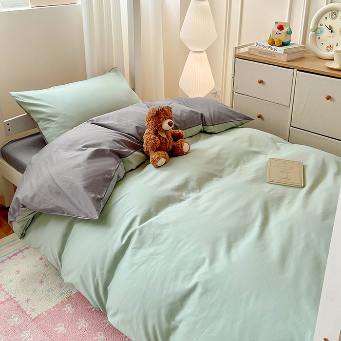 91家纺网 家纺一手货源 找家纺 泽西家纺 2025新款A类加密全棉40支13376简约风宿舍双拼纯色纯棉学生三件套 豆绿+高级灰