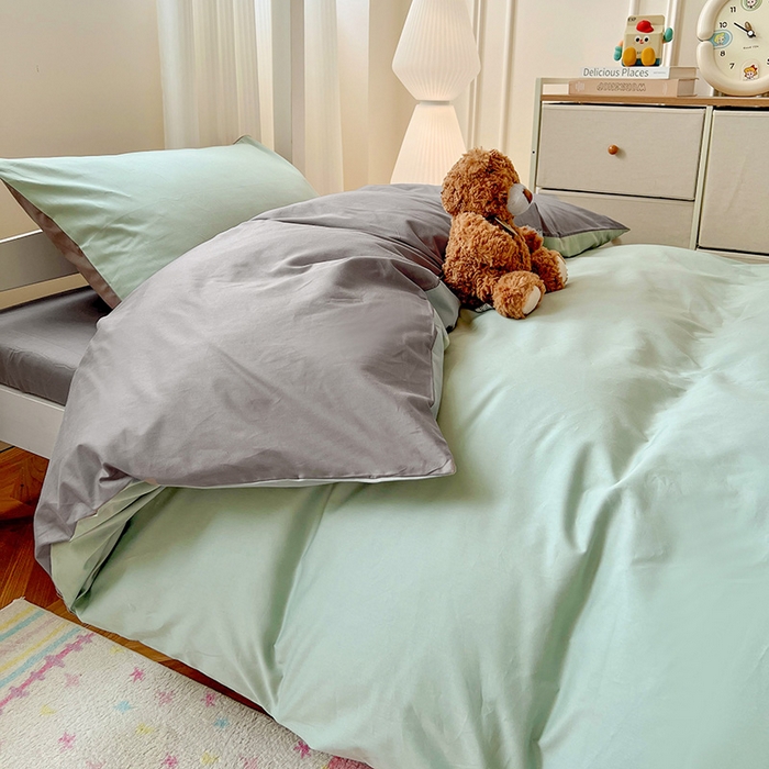 91家纺网 家纺一手货源 找家纺 泽西家纺 2025新款A类加密全棉40支13376简约风宿舍双拼纯色纯棉学生三件套 豆绿+高级灰