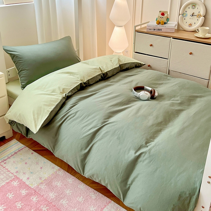 91家纺网 家纺一手货源 找家纺 泽西家纺 2025新款A类加密全棉40支13376简约风宿舍双拼纯色纯棉学生三件套 军绿+橄榄绿