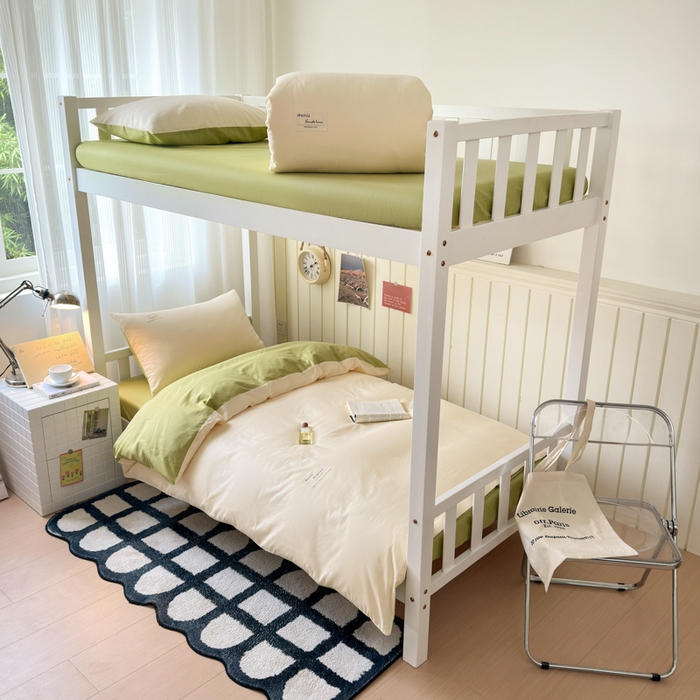 91家纺网 家纺一手货源 找家纺 曼之夏 2025新款全棉拼色纯色宿舍学生三件套 米白+草绿