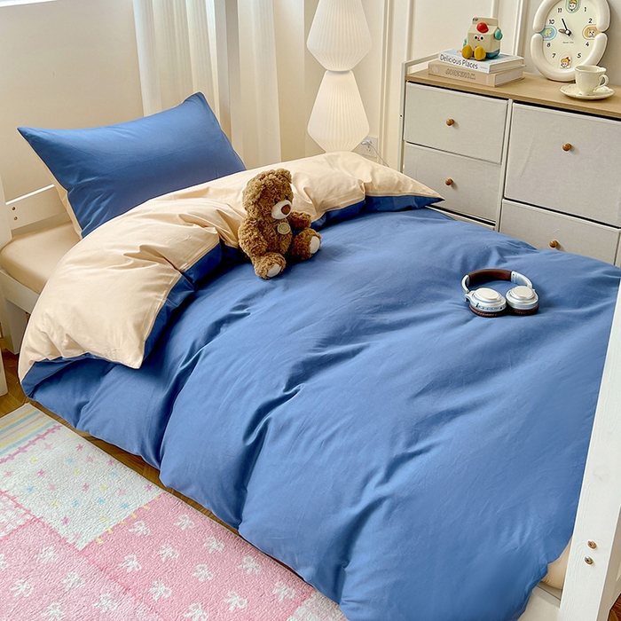 91家纺网 家纺一手货源 找家纺 泽西家纺 2025新款A类加密全棉40支13376简约风宿舍双拼纯色纯棉学生三件套 牛仔蓝+奶茶